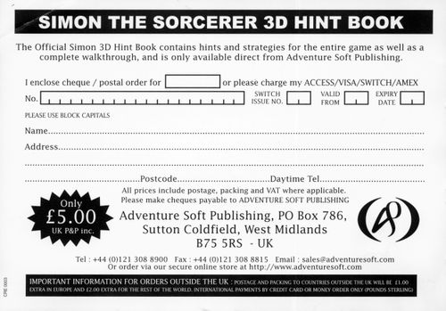 Simon The Sorcerer 3D Hint Book Order Card