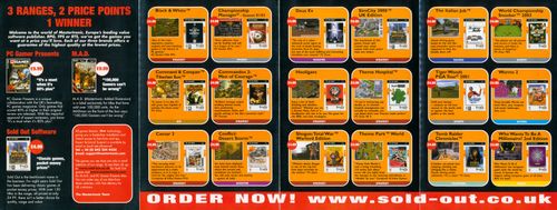 Back side of Top Of The Range V1 promotional insert showing Mastertronic  and Sold Out Software game titles